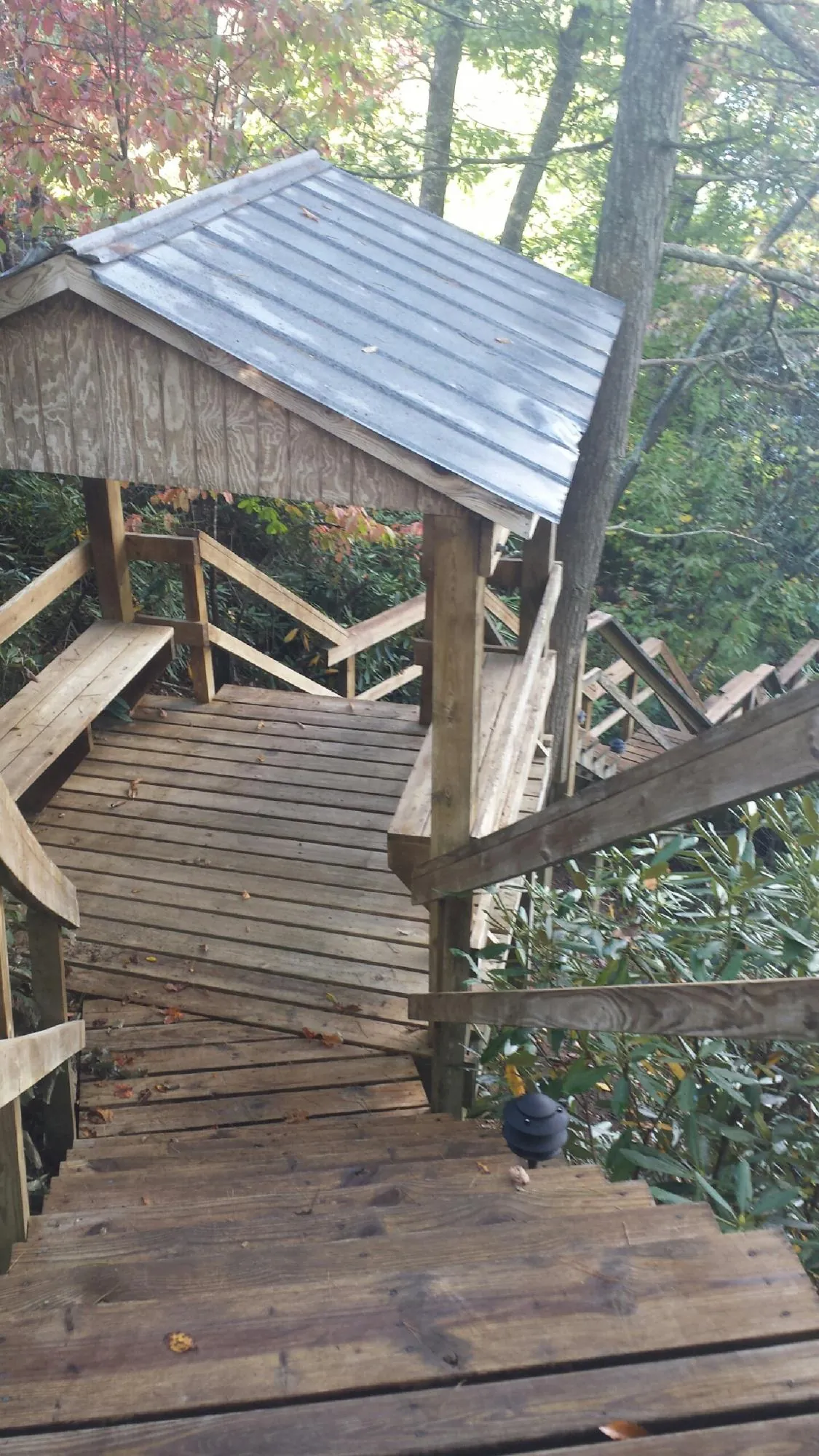 Metal roofed shelter over wooden steps on a wooded walkway — Skylight Repair & Installation work by our crew in Lumber Bridge